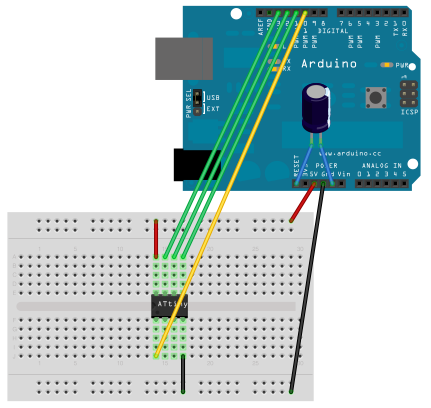Arduino Uno as an ATTiny85 programmer wiring diagram