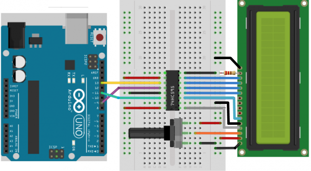 Updated: Arduino Uno controlling an LCD using a shift register.