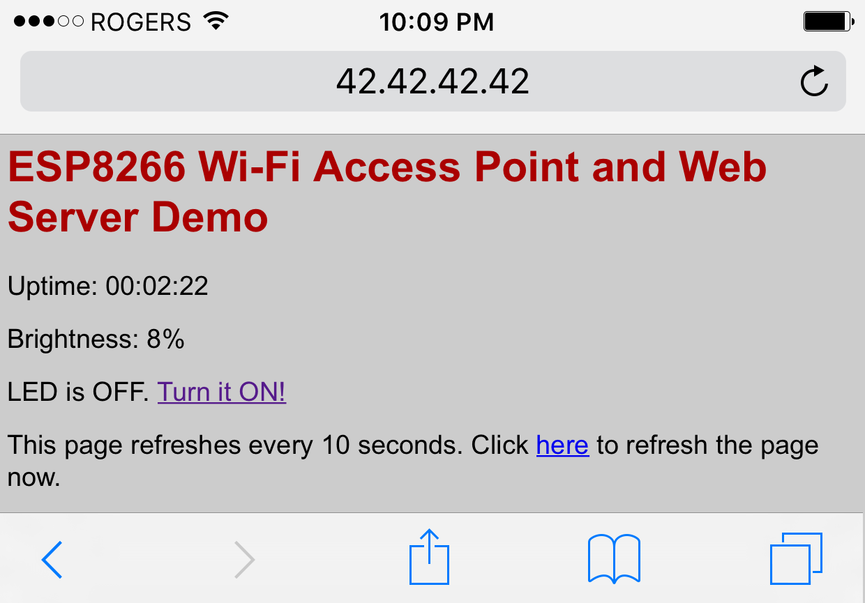 ESP8266 example: Wi-Fi Access point, static IP, web-server and remote GPIO control